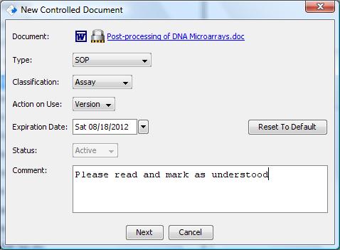 New controlled document dialog