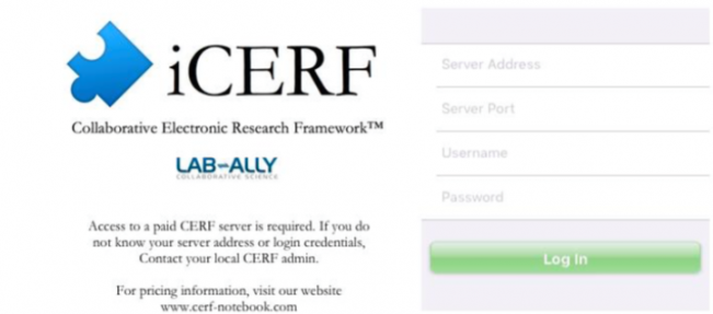 iCERF login screen