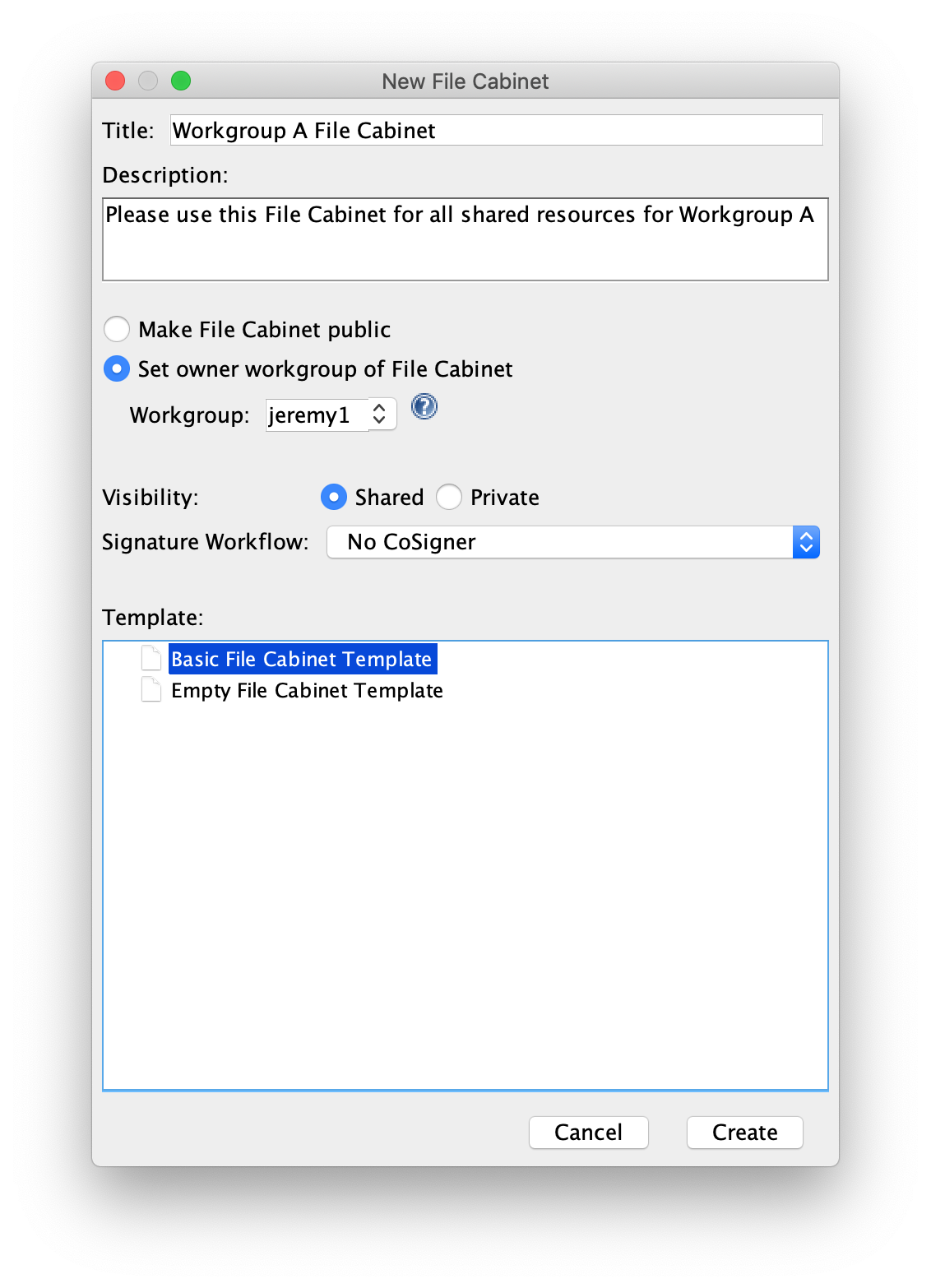New File Cabinet dialog